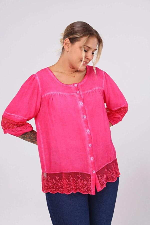 Lace Detail Plus Size Shirt Blouse Fuchsia-Pink - 5