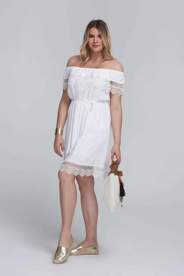 Lace Madonna Neck Short Dress White - 1