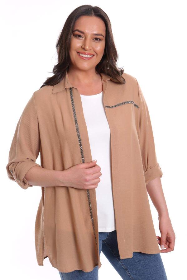 Large Size Beige Stone Stripe Detailed Jacket Set - 1