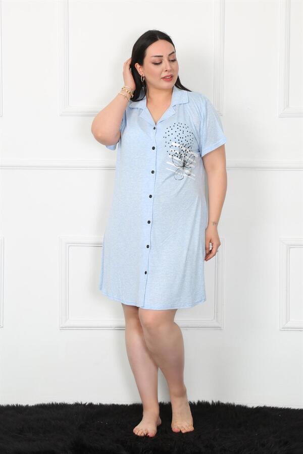 Large Size Combed Cotton Buttoned Blue Tunic Nightgown 1025 - 2