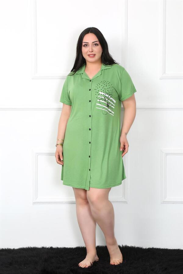 Large Size Combed Cotton Buttoned Green Tunic Nightgown 1025 - 1