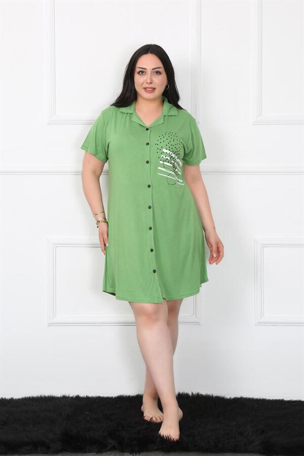 Large Size Combed Cotton Buttoned Green Tunic Nightgown 1025 - 3