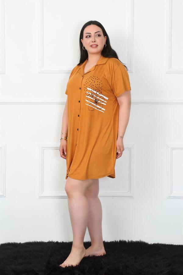 Large Size Combed Cotton Buttoned Mustard Tunic Nightgown 1025 - 2