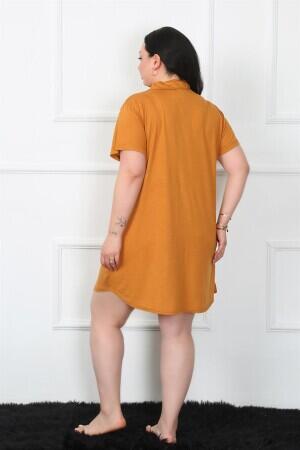 Large Size Combed Cotton Buttoned Mustard Tunic Nightgown 1025 - 4