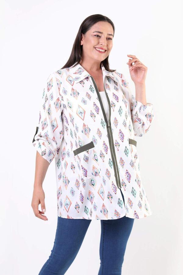 Plus Size Ethnic Pattern Zippered Khaki Jacket - 3