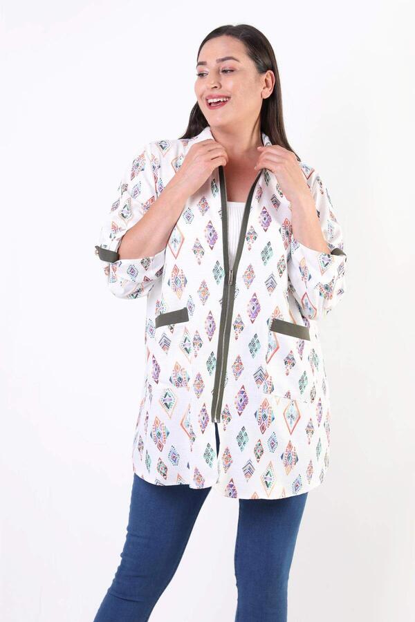 Plus Size Ethnic Pattern Zippered Khaki Jacket - 6