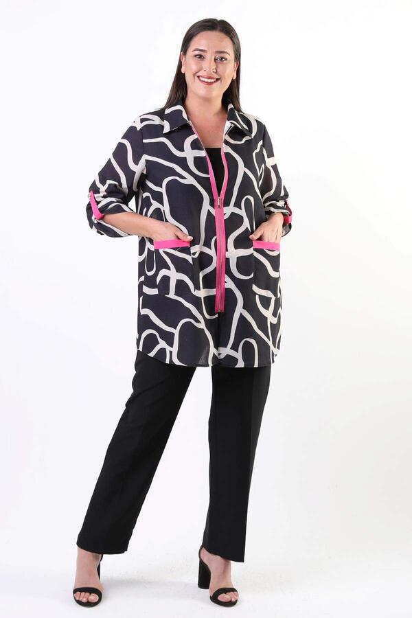 Large Size Patterned Zippered Black Jacket - 2