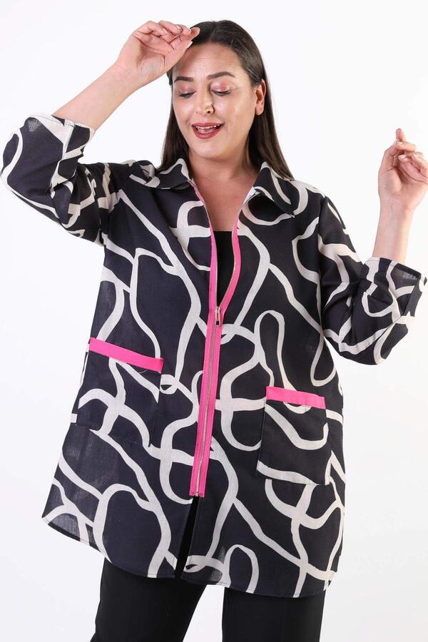 Large Size Patterned Zippered Black Jacket - 4