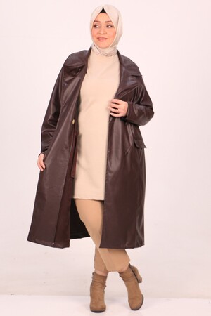 33113 Large Size Rose Gold Leather Long Blazer Jacket-Chocolate - 1