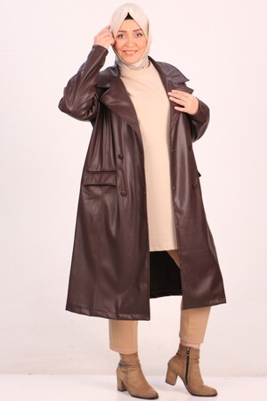 33113 Large Size Rose Gold Leather Long Blazer Jacket-Chocolate - 2