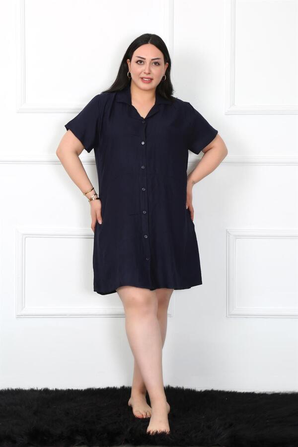 Large Size Woven Buttoned Navy Blue Tunic Nightgown 1022 - 1