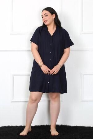 Large Size Woven Buttoned Navy Blue Tunic Nightgown 1022 - 2