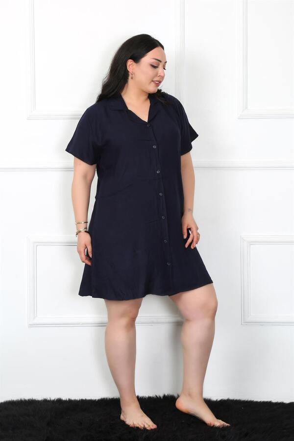 Large Size Woven Buttoned Navy Blue Tunic Nightgown 1022 - 3