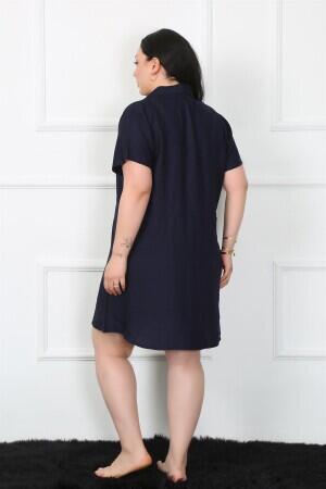 Large Size Woven Buttoned Navy Blue Tunic Nightgown 1022 - 4