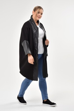 Leather Patchwork Plus Size Coat Black - 3