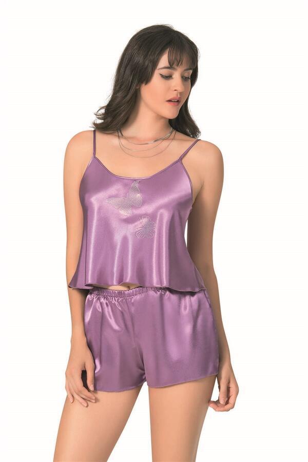 Lila Saten Babydoll Şort Takımı - 1