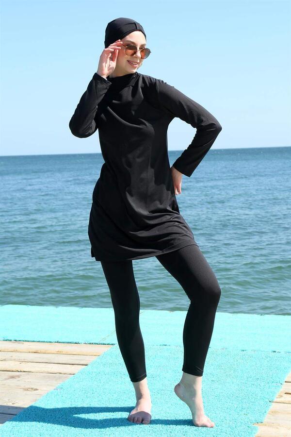 Long Sleeve Lycra Black Hijab Swimsuit 31055 - 1