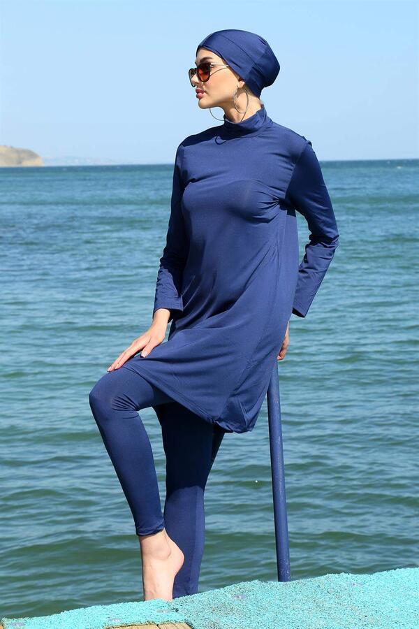 Long Sleeve Lycra Navy Blue Hijab Swimsuit 31055 - 4