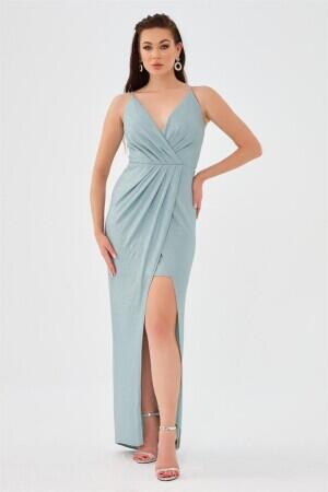 Mint Lacquered Chiffon Double Breasted Slit Evening Dress - 1