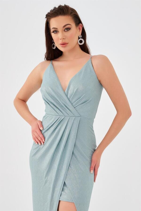 Mint Lacquered Chiffon Double Breasted Slit Evening Dress - 2