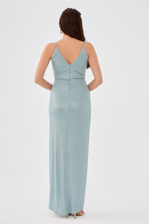 Mint Lacquered Chiffon Double Breasted Slit Evening Dress - 4