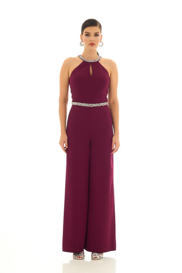 Plum Collar Jumpsuit with Stone Waist - 1