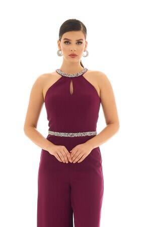 Plum Collar Jumpsuit with Stone Waist - 2