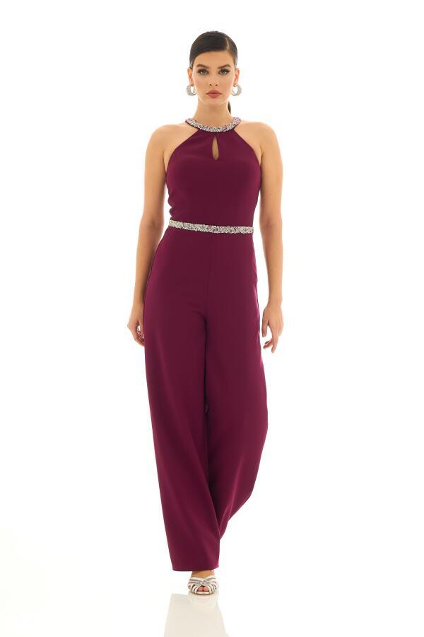 Plum Collar Jumpsuit with Stone Waist - 3