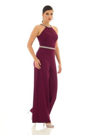 Plum Collar Jumpsuit with Stone Waist - 4