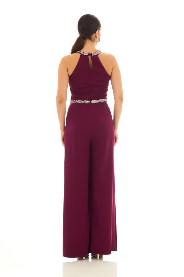 Plum Collar Jumpsuit with Stone Waist - 5