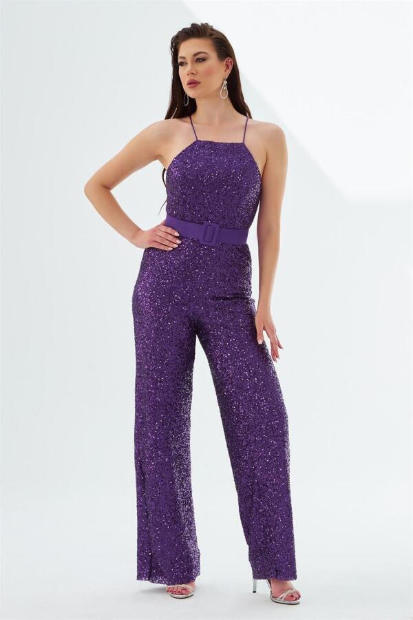 Plum Sequined Belted Long Jumpsuit - 1