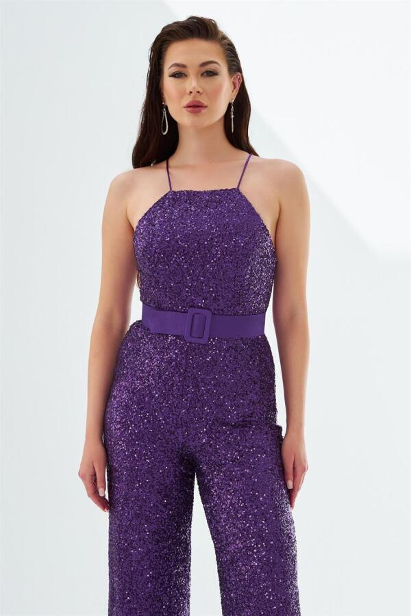 Plum Sequined Belted Long Jumpsuit - 2