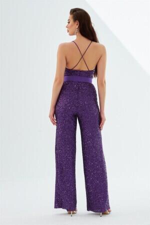 Plum Sequined Belted Long Jumpsuit - 4