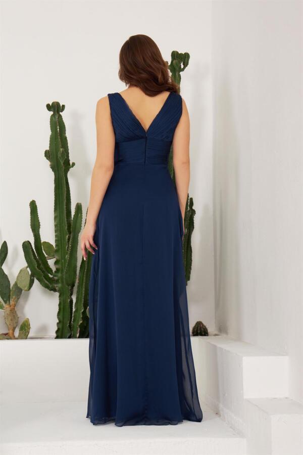 Navy Blue Chiffon Collar Stone Long Evening Dress & Invitation Dress - 4