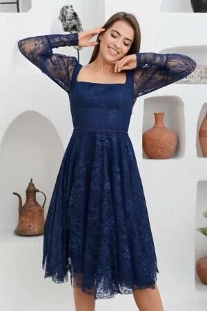 Navy Blue Lace Square Neck Engagement Evening Dress - 1