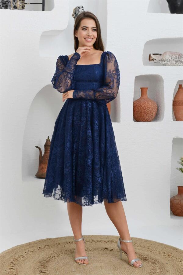 Navy Blue Lace Square Neck Engagement Evening Dress - 2