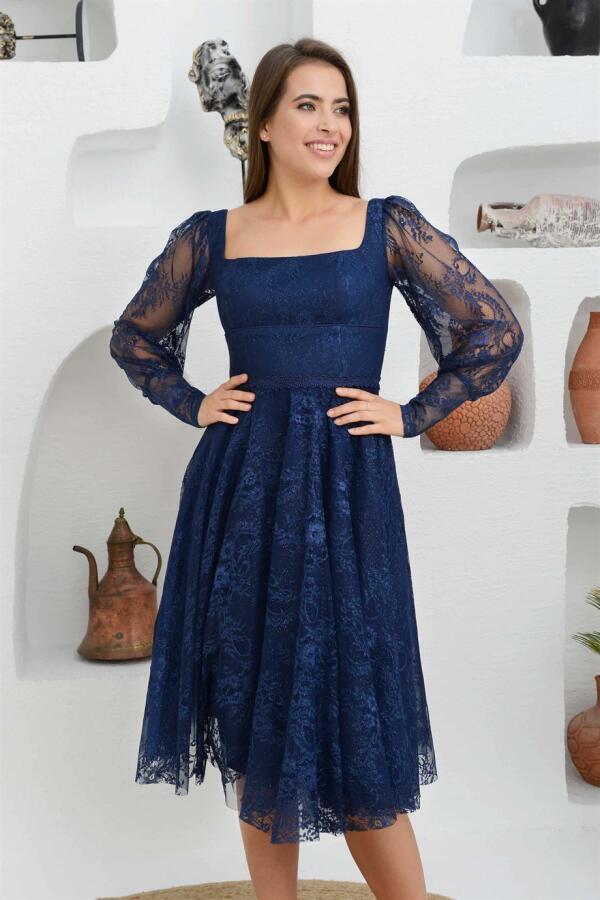 Navy Blue Lace Square Neck Engagement Evening Dress - 3