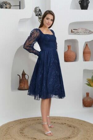 Navy Blue Lace Square Neck Engagement Evening Dress - 4