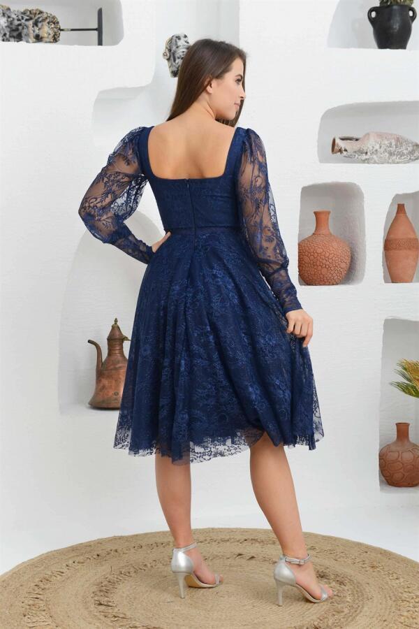 Navy Blue Lace Square Neck Engagement Evening Dress - 5