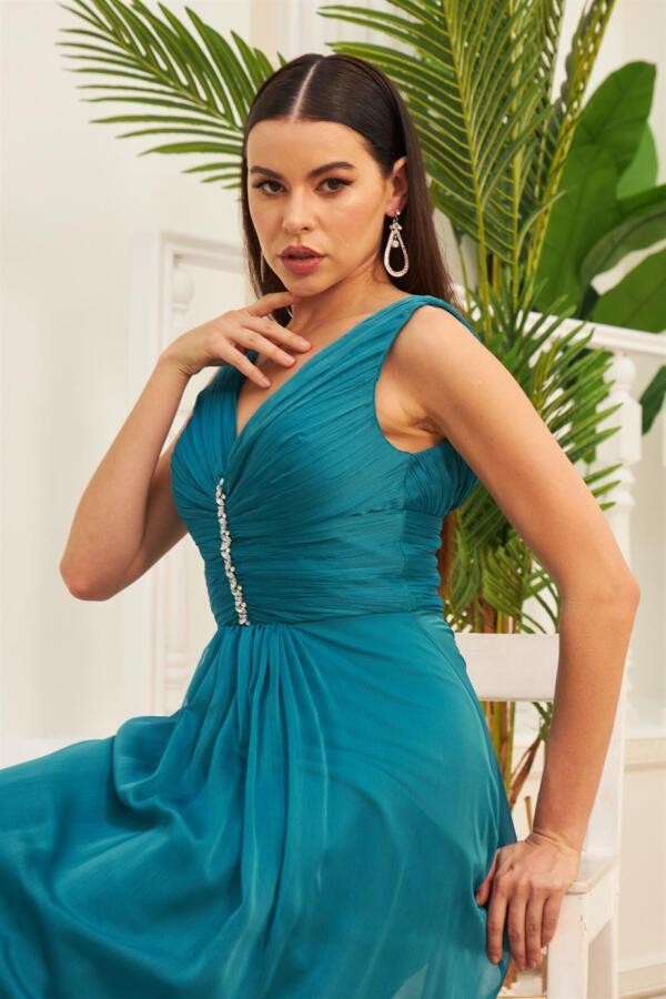 Petrol Chiffon Collar Stone Long Evening Dress & Invitation Dress - 2