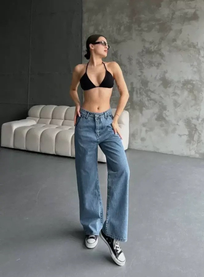 Palazzo Jeans Pantalon - Mavi - 1