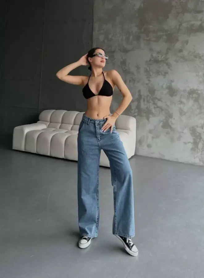 Palazzo Jeans Pantalon - Mavi - 3