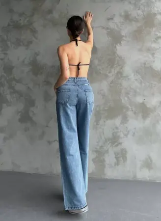 Palazzo Jeans Pantalon - Mavi - 4