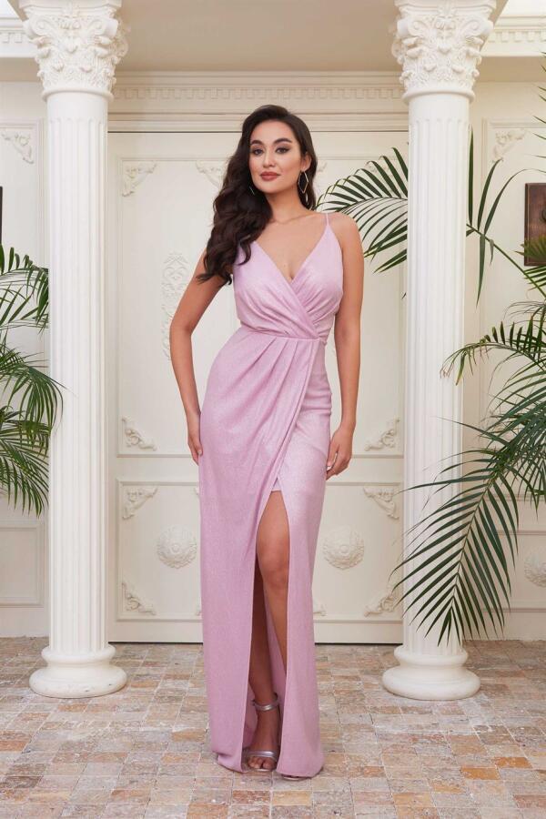 Pink Lacquered Chiffon Double Breasted Slit Evening Dress - 1