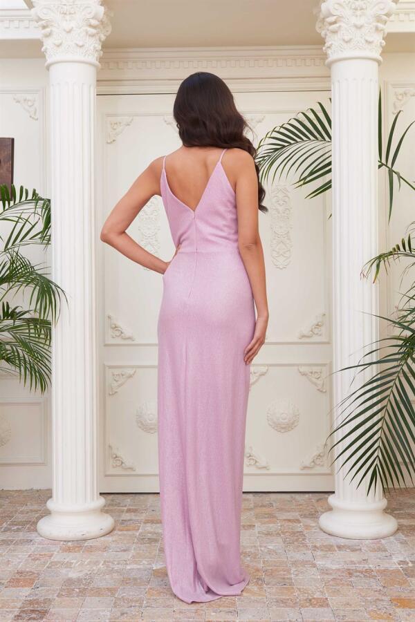 Pink Lacquered Chiffon Double Breasted Slit Evening Dress - 5