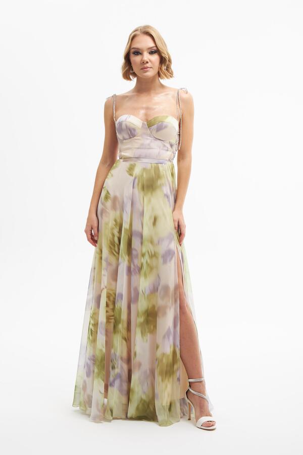 Pistachio Green Printed Long Evening Dress with Slit - 1