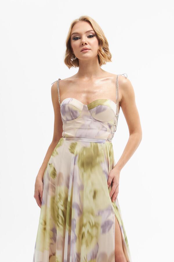 Pistachio Green Printed Long Evening Dress with Slit - 2