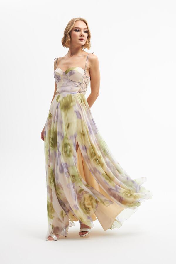 Pistachio Green Printed Long Evening Dress with Slit - 4