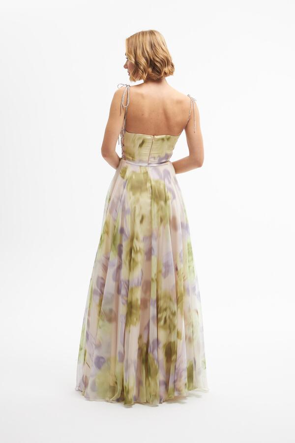 Pistachio Green Printed Long Evening Dress with Slit - 5