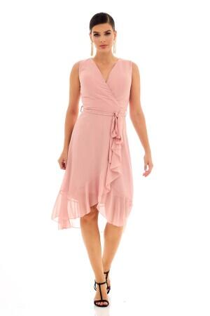 Short Evening Dress with Powder Chiffon Skirt and Flounces and Ribbons - 1